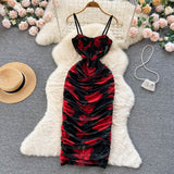 Sexy Spaghetti Straps Long Floral Red Dress Women Holiday Dress HZ1022