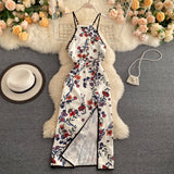 Sexy A line Sleeveless Silk Satin Floral Dress Beach Summer Holiday Dress HZ1022