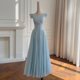 French Small Flying Sleeve Dress Women Summer Blue Seaside Holiday Feeling Waist A Word Temperament Long Dress Women 69155