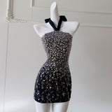 Qtevry 2025 Early Autumn New Black Which Hangs Neck Braid Short Temperament Dress Dress 69379