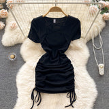 Hot Girl Slim Square Neck Dress Short Sleeve Sexy Drawstring Tight Short Dress HZ1022