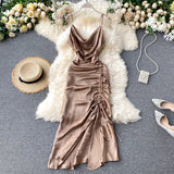 Sexy Spaghetti Straps Backless Silk Satin Dress Women Summer Holiday Dress HZ1022