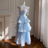 French Chiffon Plate With Embroidered Small Dress Elegant Sweet Blue Dress With Belt Sling Cake Dress 68579