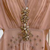 Qtevry 2025 Autumn And Winter New Champagne Powder Long Sleeve V To Receive Waist Thin Daily Dress Women 68918