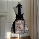 Qtevry Vintage Leaster Lace Bow Spliced Hanging Neck Sleeveless Dress Birthday Party Dress Dress 69574