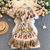 Vintage A line short sleeves floral dress women's dress HZ1022