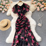 sexy mermaid v neckline floral dress women's dress HZ1022