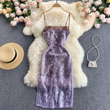 Vintage Spaghetti Straps Grape Sequin Dress Women Holiday Dress HZ1022
