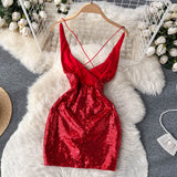 Sexy Spaghetti Straps Backless Short Sequin Dress Women Holiday Dress HZ1022