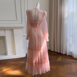Qtevry Price] French Famous Style Cake Dress Perspective Long-Sleeved Net Yarn Leaf Side Dress Dress 69077