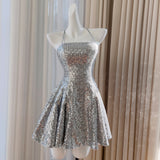 Qtevry 2025 Spring And Summer New Silver Short Sling To Collect Waist Thin Temperament Dress Dress Dress 69008