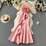 Sexy Mermaid Spaghetti Straps Ruffles Satin Flower Dress Women Dress HZ1022