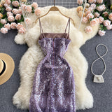 Vintage Spaghetti Straps Grape Sequin Dress Women Holiday Dress HZ1022