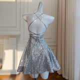 Qtevry 2025 Spring And Summer New Silver Short Sling To Collect Waist Thin Temperament Dress Dress Dress 69008