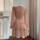 Qtevry 2025 Autumn And Winter New Champagne Powder Long Sleeve V To Receive Waist Thin Daily Dress Women 68918