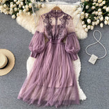 Vintage A line long sleeves floral dress women's dress HZ1022