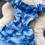 Cute Spaghetti Straps Long Blue Floral Dress Women Holiday Dress HZ1022