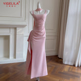 Qtevry Temperament Sling Skirt Folding Ribbon High Open Evening Dress Elegant French Dress 69339+Y479