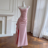 Qtevry Temperament Sling Skirt Folding Ribbon High Open Evening Dress Elegant French Dress 69339+Y479