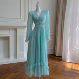 French Sweet V-Necked Long-Sleeved A-Dress Femininity High-Waist Hollow Thin Dress Summer Fashion 69157