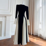 Qtevry Purchase Price] Black And White Colliding Color Splicing Long Dress Elegant Waist Dress Big Swing Dress 68876