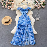 Cute Spaghetti Straps Long Blue Floral Dress Women Holiday Dress HZ1022