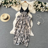 Sexy V-neck backless dress female ink painting new suspenders irregular holiday dress HZ1022