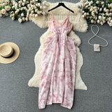 Sexy V-neck backless dress female ink painting new suspenders irregular holiday dress HZ1022