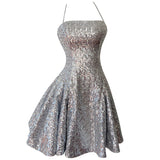 Qtevry 2025 Spring And Summer New Silver Short Sling To Collect Waist Thin Temperament Dress Dress Dress 69008