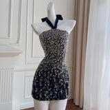 Qtevry 2025 Early Autumn New Black Which Hangs Neck Braid Short Temperament Dress Dress 69379