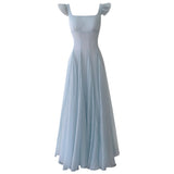 French Small Flying Sleeve Dress Women Summer Blue Seaside Holiday Feeling Waist A Word Temperament Long Dress Women 69155