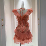 Qtevry Pavilion Lila 2025 Summer New Orange Pink Temperament V Collar Short Slim Slim Dress Dress Dress 69325