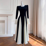 Qtevry Purchase Price] Black And White Colliding Color Splicing Long Dress Elegant Waist Dress Big Swing Dress 68876