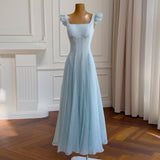 French Small Flying Sleeve Dress Women Summer Blue Seaside Holiday Feeling Waist A Word Temperament Long Dress Women 69155