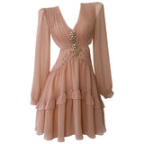 Qtevry 2025 Autumn And Winter New Champagne Powder Long Sleeve V To Receive Waist Thin Daily Dress Women 68918