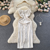 Sexy Spaghetti Straps Slit Silk Satin Dress Women Dress HZ1022