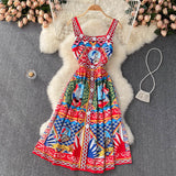 Vintage Straps Red Dress Summer Women Holiday Dress HZ1022