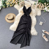 Sexy Spaghetti Straps Backless Silk Satin Dress Women Summer Holiday Dress HZ1022