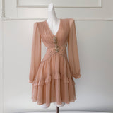 Qtevry 2025 Autumn And Winter New Champagne Powder Long Sleeve V To Receive Waist Thin Daily Dress Women 68918