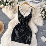 Sexy Spaghetti Straps Backless Short Sequin Dress Women Holiday Dress HZ1022