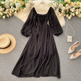A line square neckline long sleeves chiffon dress women's dress HZ1022