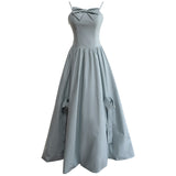 Qtevry Lila 2025 Early Autumn New Twilight Blue Plasts Sling Sling With Bow Bows Long Dress 69438