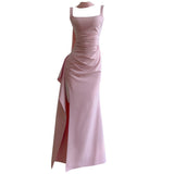Qtevry Temperament Sling Skirt Folding Ribbon High Open Evening Dress Elegant French Dress 69339+Y479