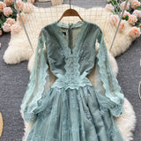 Cute long sleeves lace v neckline dress women's dress HZ1022