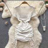 Hot Girl Slim Square Neck Dress Short Sleeve Sexy Drawstring Tight Short Dress HZ1022