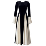 Qtevry Purchase Price] Black And White Colliding Color Splicing Long Dress Elegant Waist Dress Big Swing Dress 68876