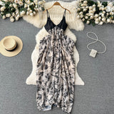 Sexy V-neck backless dress female ink painting new suspenders irregular holiday dress HZ1022