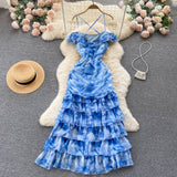 Cute Spaghetti Straps Long Blue Floral Dress Women Holiday Dress HZ1022