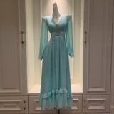 French Sweet V-Necked Long-Sleeved A-Dress Femininity High-Waist Hollow Thin Dress Summer Fashion 69157