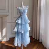 French Chiffon Plate With Embroidered Small Dress Elegant Sweet Blue Dress With Belt Sling Cake Dress 68579